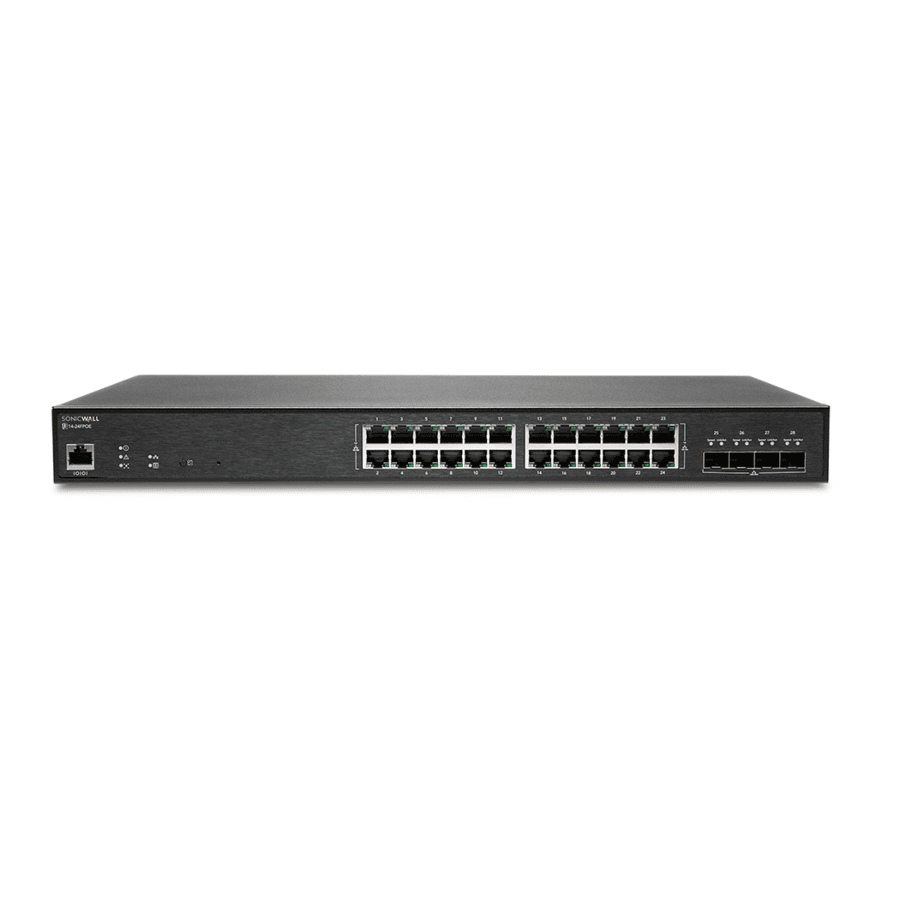 SonicWall 24-port Gigabit PoE switch with 4 SFP uplinks for secure branch networking