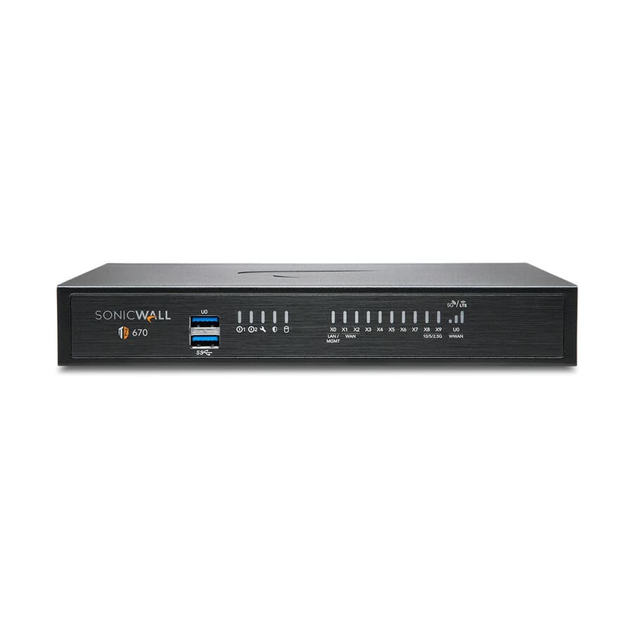SonicWall TZ670 TotalSecure Essential Edition 1-year firewall appliance with 5 Gigabit Ethernet and SFP+ expansion